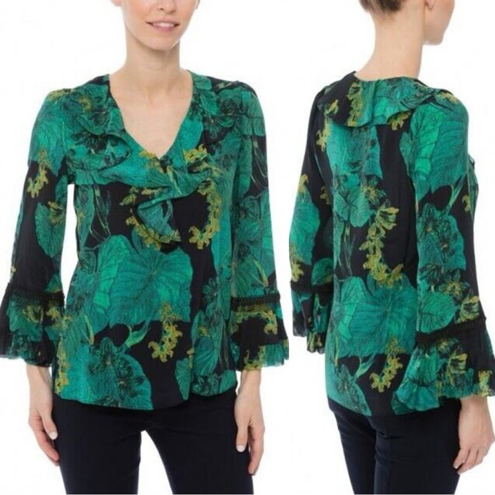 Kobi Halperin Women’s 100% Silk Yardi Leaf-Print Ruffle Blouse Seagreen Multi S
